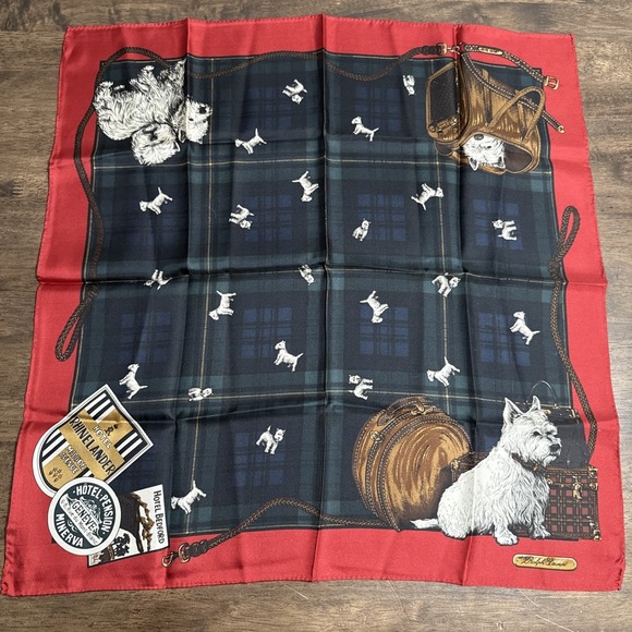 Ralph Lauren Accessories - VTG Ralph Lauren Silk Scarf Terrier Dog Plaid Scottie Travel Theme Hotel 21"